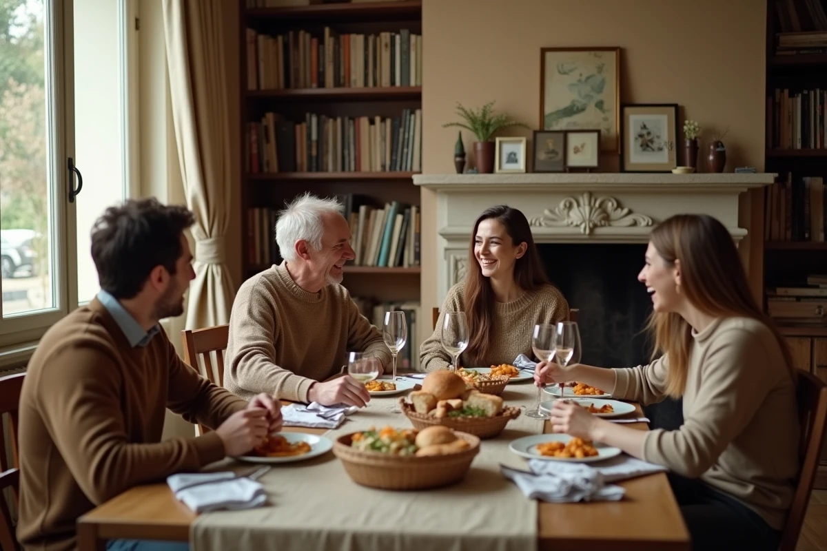 Famille réunie autour d'un repas dans un appartement parisien, scène de vie privée et convivialité